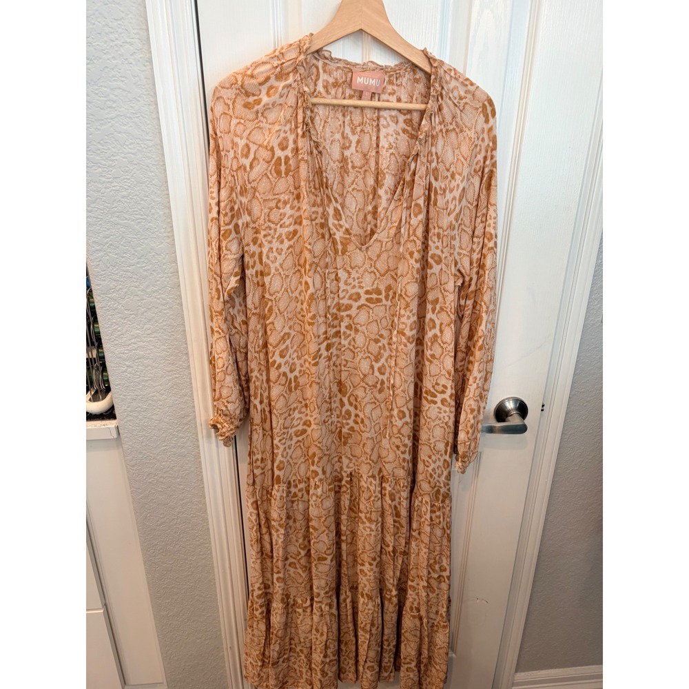 Show Me Your Mumu Maxi Dress Tan Animal Print Tiered Boho Long Sleeve L